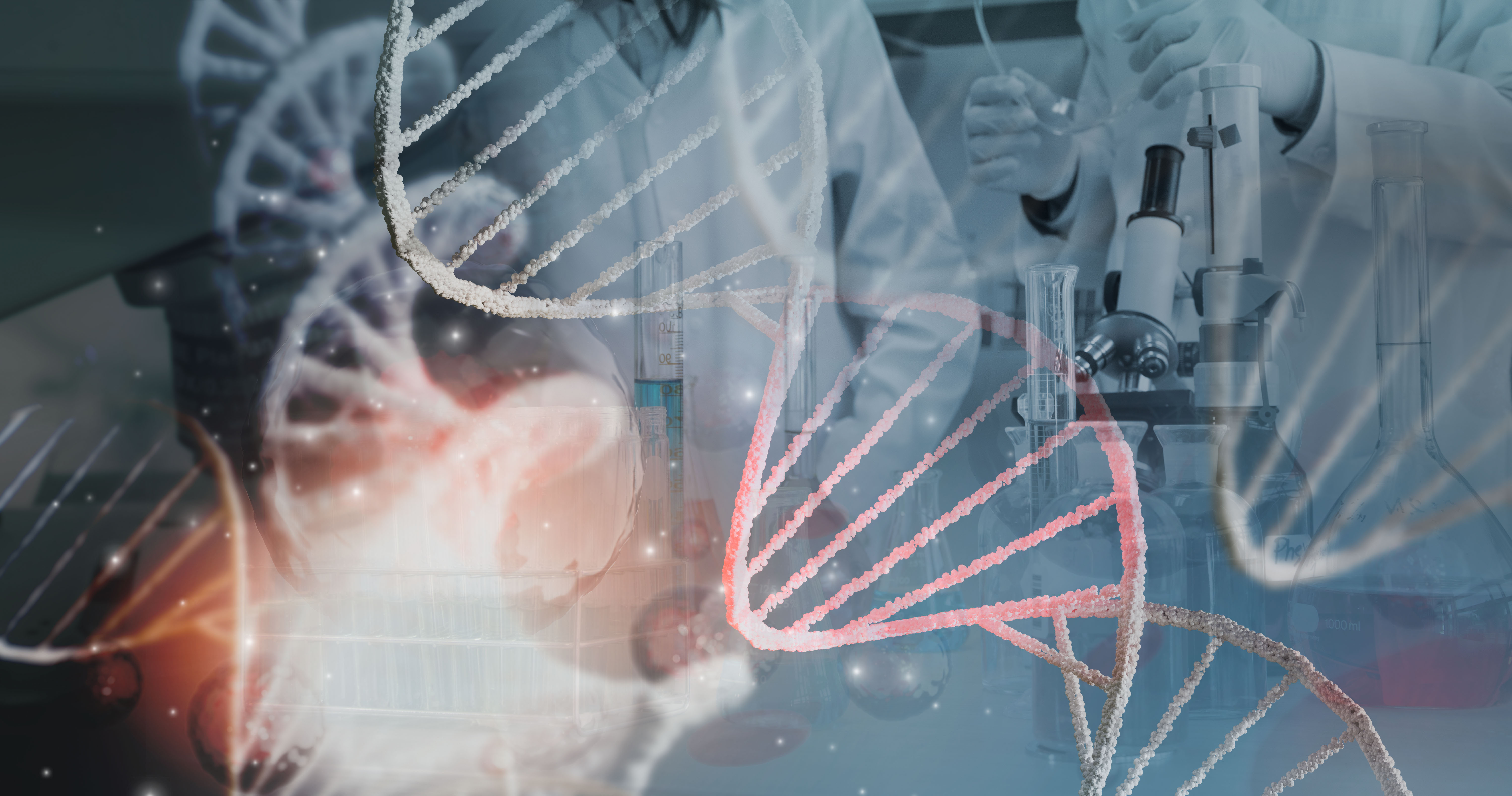 Doctor or scientist in laboratory, molecular and DNA structure and cells sample