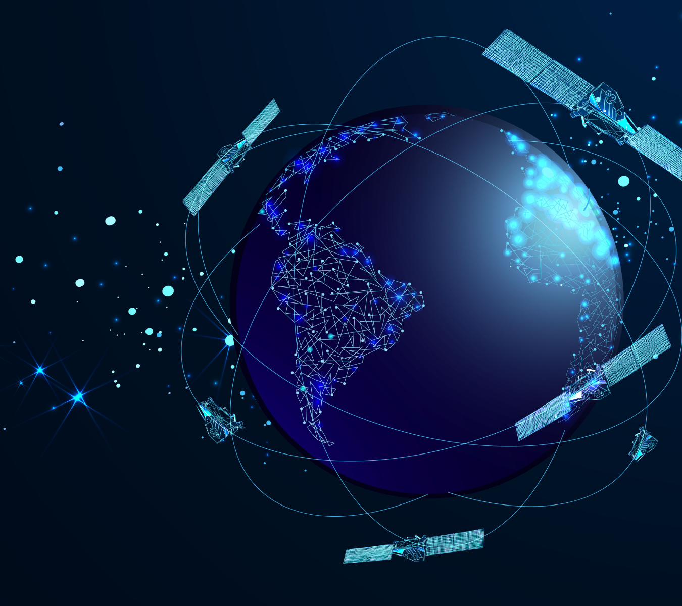 Illustration of satellites and other objects orbiting earth with lines between them