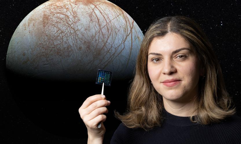 Composite image of Europa behind Azadeh Ansari holding a computer chip that combines many sensors into one small package.